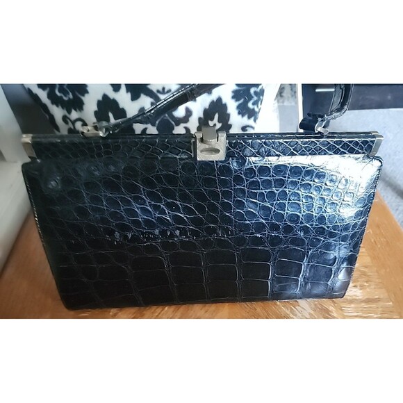 Black Escort Genuine Leather Inside Structured Frame Handbag Purse Alligator Fon - Picture 14 of 16